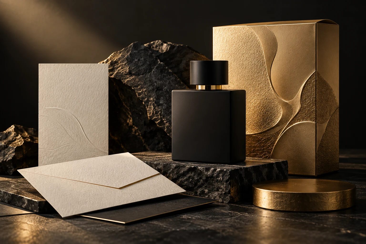 Conceptual luxury packaging and brand stationery in black and gold
