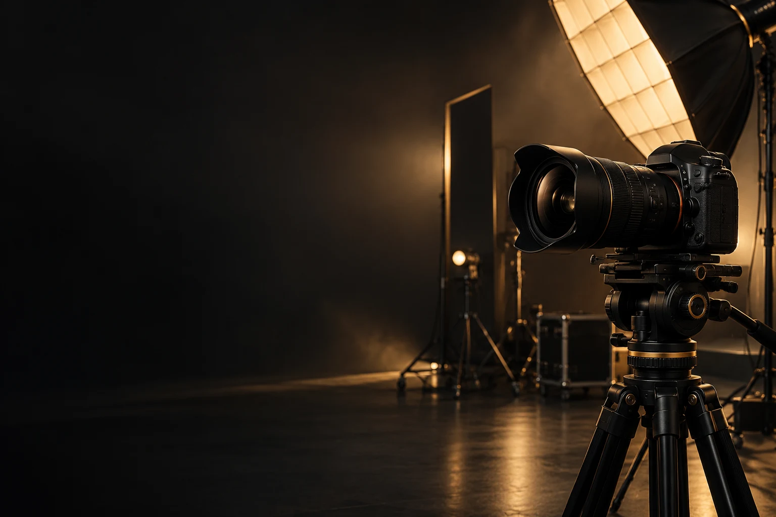Cinematic camera and lighting setup in a dark creative studio